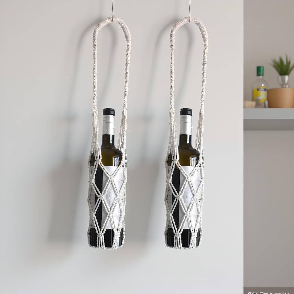2-Pack Macrame Wine Bottle wall Hanger Strap, net Strap Hanging, Net Carrier, Handmade Braided Rope net for Bottle Hanging, Kitchen Storage Strap Highth 22" (Beige)