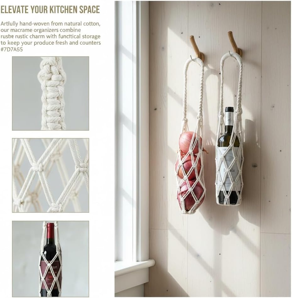 2-Pack Macrame Wine Bottle wall Hanger Strap, net Strap Hanging, Net Carrier, Handmade Braided Rope net for Bottle Hanging, Kitchen Storage Strap Highth 22" (Beige)
