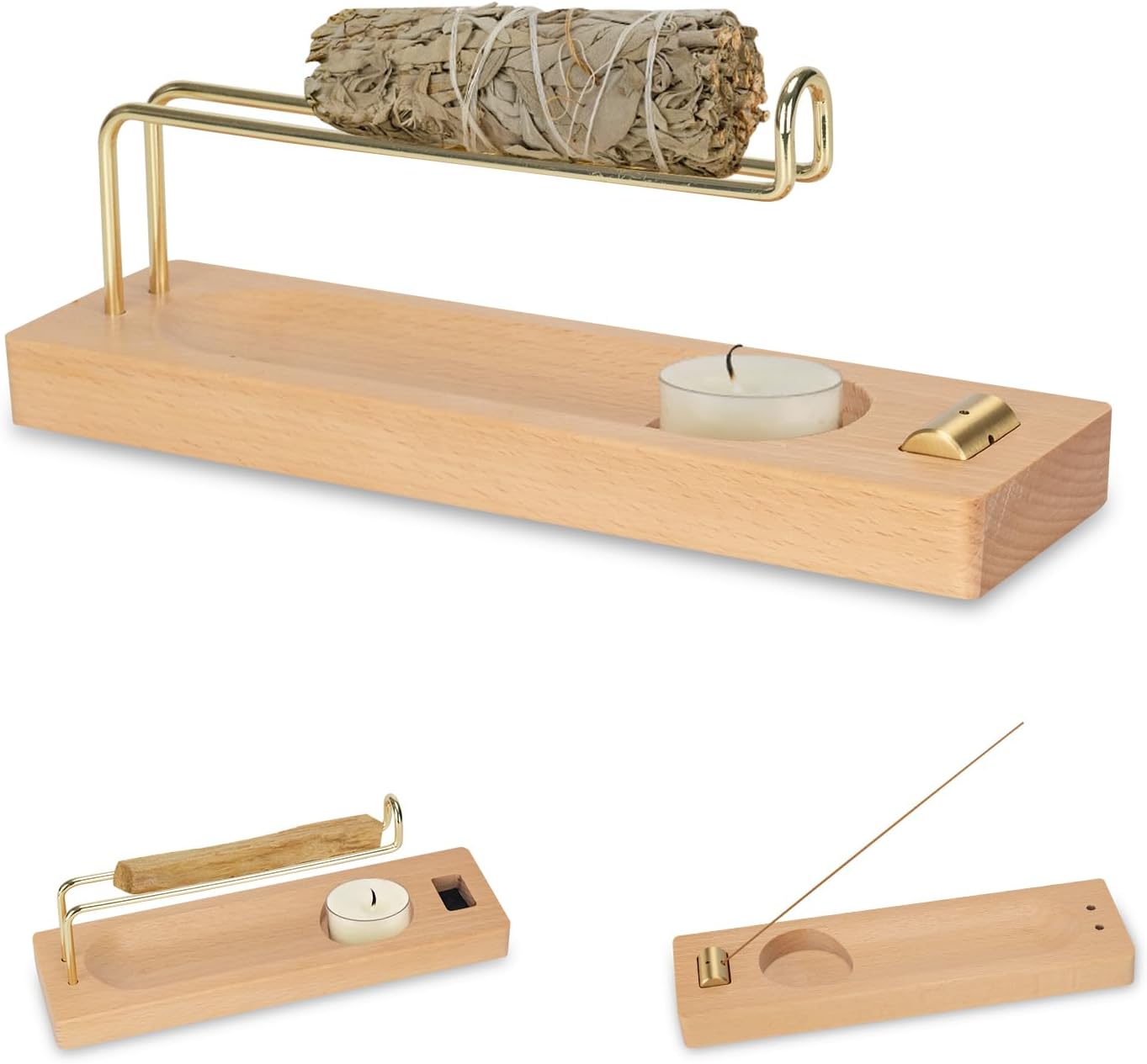 4 in 1 Incense Holder for Burning Palo Santo & Sage Sticks & Insence-Stick and Candle, Solid Wood Palo Santo and Sage Burner Smudge Bowl, Incense Holder for Meditation, Yoga, Spiritual Home Decor