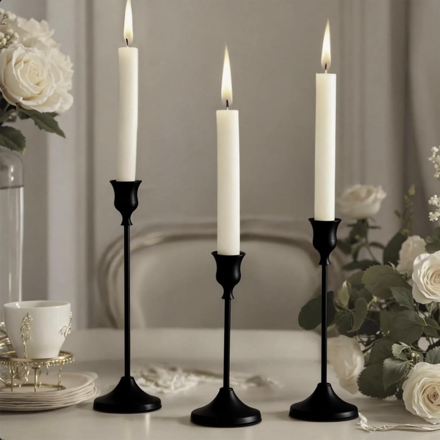 3 Pack Candle Holder Bases - Matte Black Home Decor, Fits Fireplace Mantel & Dining Table, Suitable for Room/Table Decoration & Housewarming Gifts