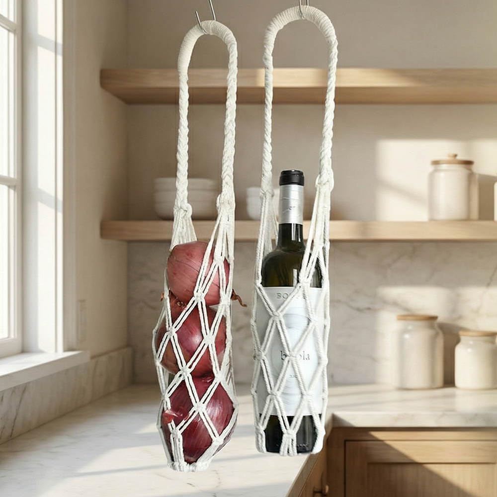 2-Pack Macrame Wine Bottle wall Hanger Strap, net Strap Hanging, Net Carrier, Handmade Braided Rope net for Bottle Hanging, Kitchen Storage Strap Highth 22" (Beige)