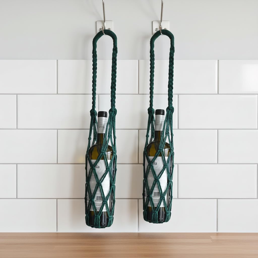 2-Pack Macrame Wine Bottle wall Hanger Strap, net Strap Hanging, Net Carrier, Handmade Braided Rope net for Bottle Hanging, Kitchen Storage Strap Highth 22" (Beige)