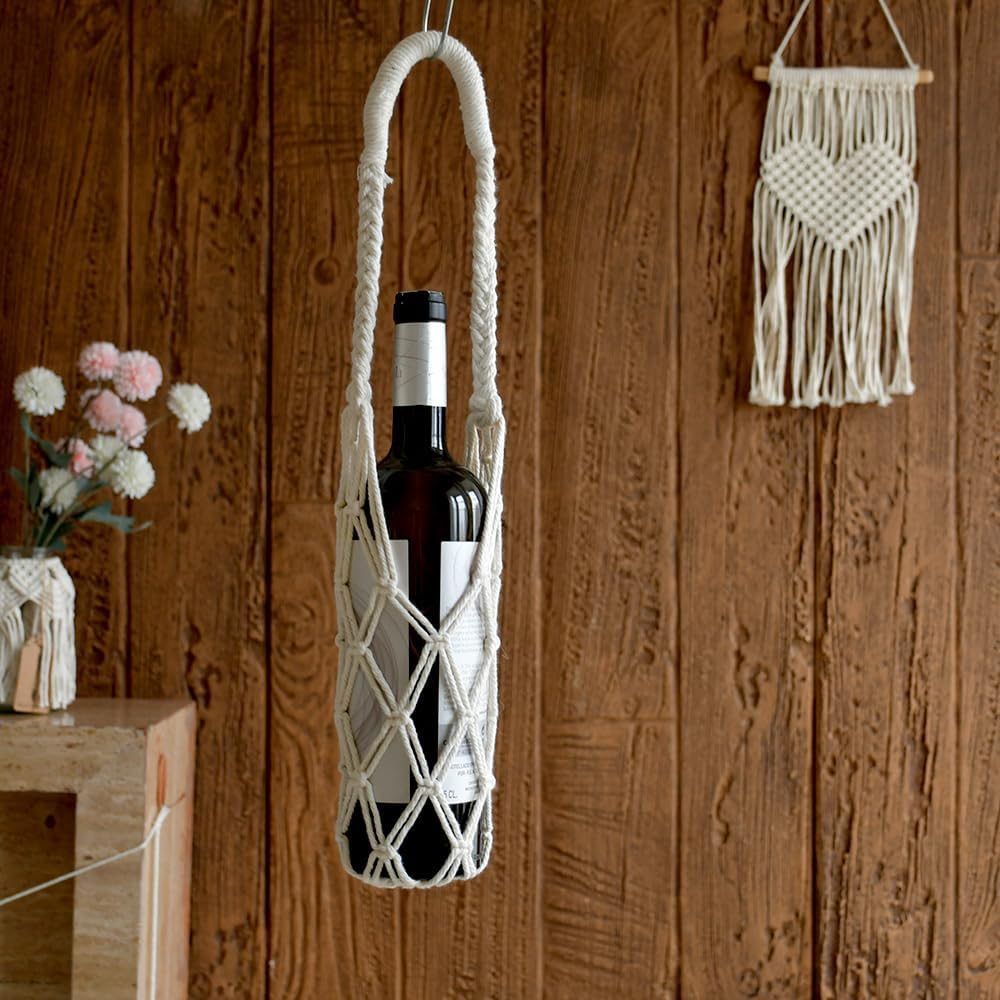 2-Pack Macrame Wine Bottle wall Hanger Strap, net Strap Hanging, Net Carrier, Handmade Braided Rope net for Bottle Hanging, Kitchen Storage Strap Highth 22" (Beige)