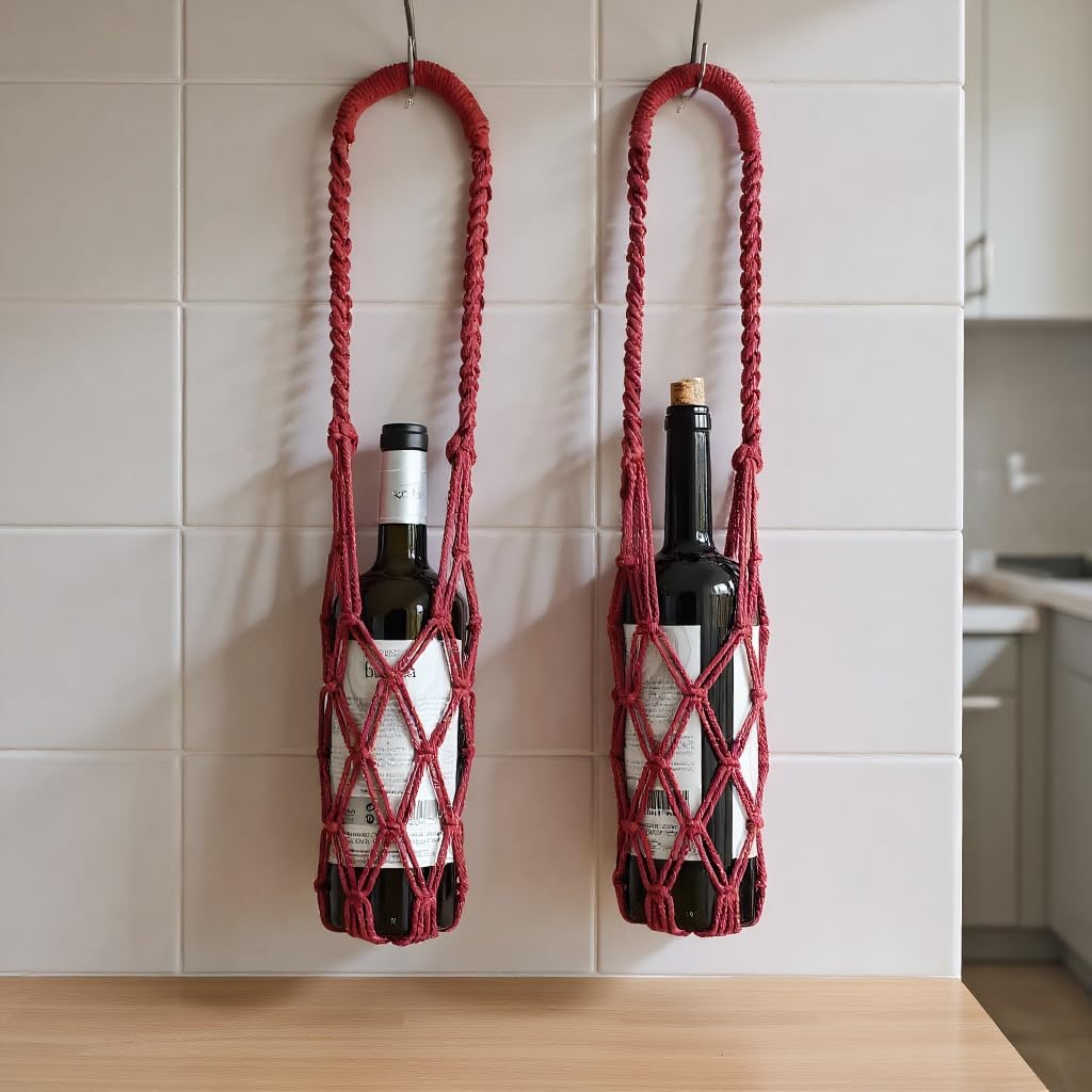 2-Pack Macrame Wine Bottle wall Hanger Strap, net Strap Hanging, Net Carrier, Handmade Braided Rope net for Bottle Hanging, Kitchen Storage Strap Highth 22" (Beige)