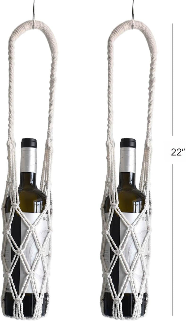 2-Pack Macrame Wine Bottle wall Hanger Strap, net Strap Hanging, Net Carrier, Handmade Braided Rope net for Bottle Hanging, Kitchen Storage Strap Highth 22" (Beige)