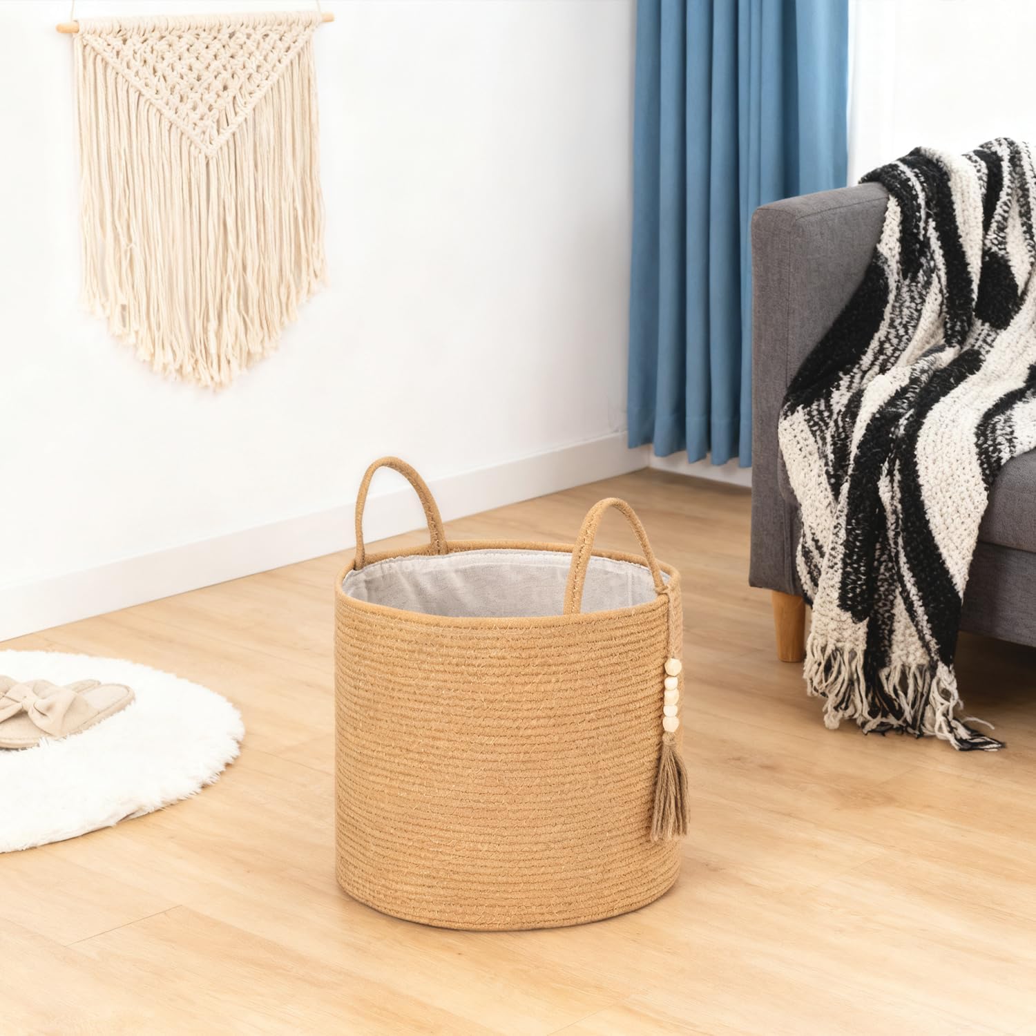 1 PCS Woven Decorative Storage Basket - Natural Jute Rope Bin with Wooden Bead Decoration & Handles, 15.7"W×13.8"L Organizer for Blankets, Toys, Clothes, Shoes, Plants, Living Room Home Decor