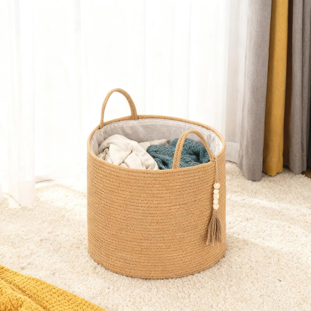 1 PCS Woven Decorative Storage Basket - Natural Jute Rope Bin with Wooden Bead Decoration & Handles, 15.7"W×13.8"L Organizer for Blankets, Toys, Clothes, Shoes, Plants, Living Room Home Decor