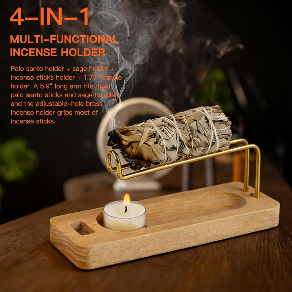 4 in 1 Incense Holder for Burning Palo Santo & Sage Sticks & Insence-Stick and Candle, Solid Wood Palo Santo and Sage Burner Smudge Bowl, Incense Holder for Meditation, Yoga, Spiritual Home Decor
