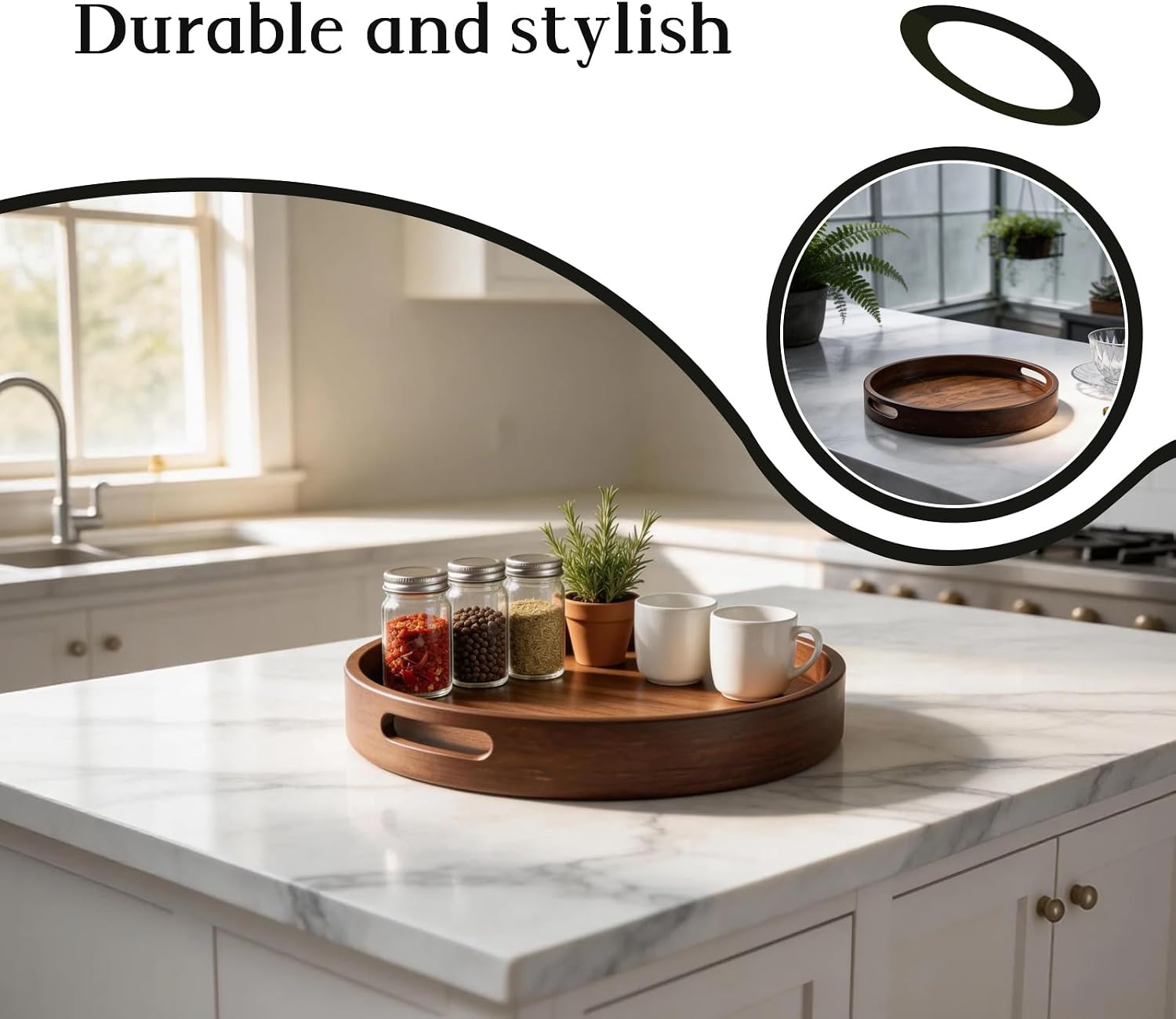 11.81-Inch Round Wooden Trays for Decor with Handle, Storage,Perfumes and Candles,Coffee, Parties, and Farmhouse-Style Home Decor Round Wood Tray