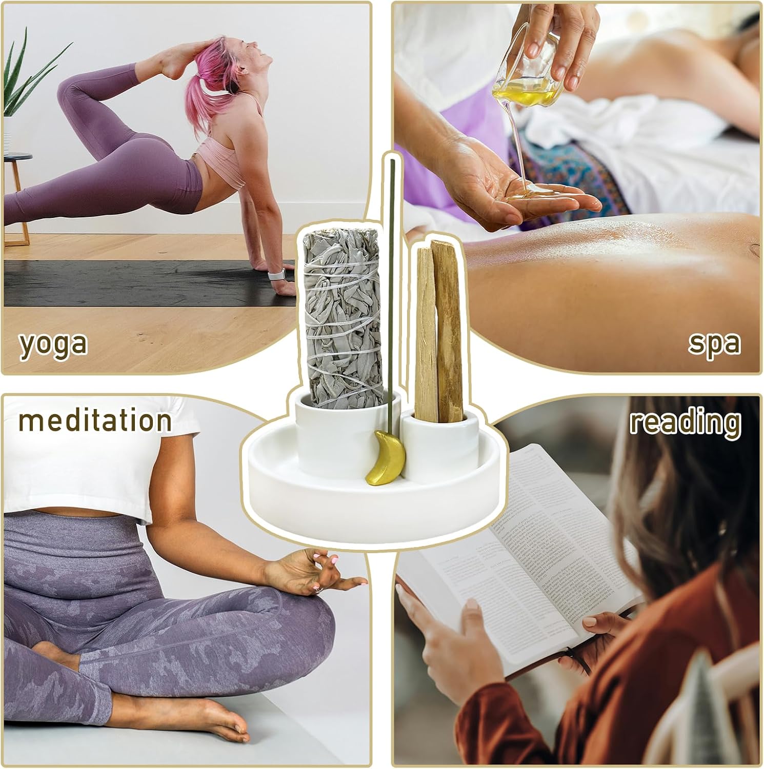 4 in 1 Incense Burner Holder, Palo Santo Holder, Sage Holder for Burning, Ceramic Incense Sticks Holder for Meditation Yoga Room Home Decor (White)