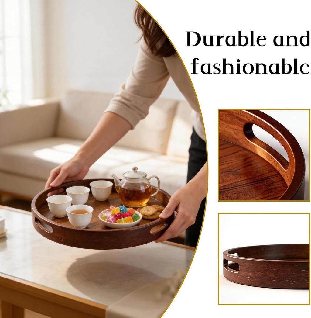 11.81-Inch Round Wooden Trays for Decor with Handle, Storage,Perfumes and Candles,Coffee, Parties, and Farmhouse-Style Home Decor Round Wood Tray