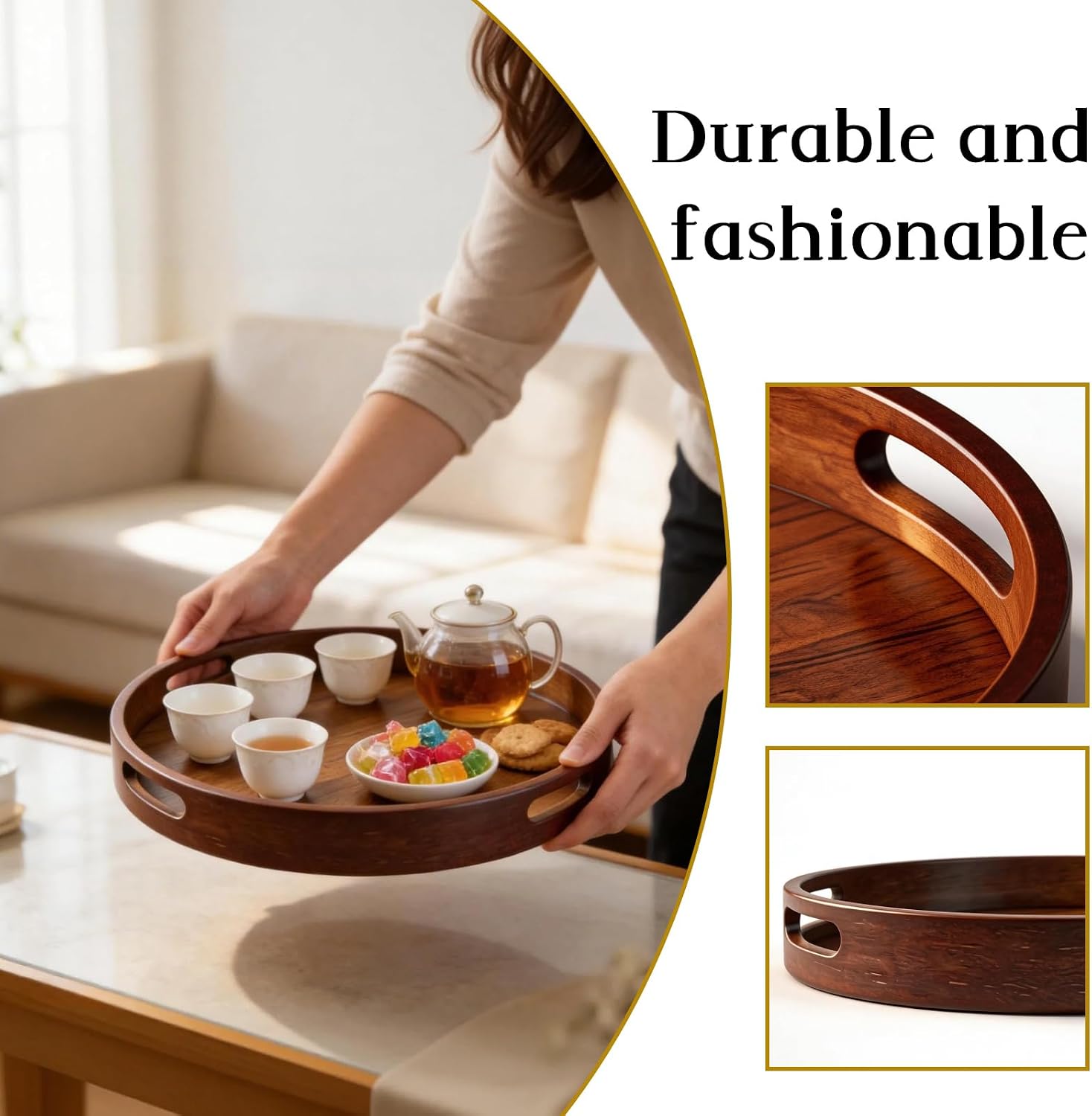 11.81-Inch Round Wooden Trays for Decor with Handle, Storage,Perfumes and Candles,Coffee, Parties, and Farmhouse-Style Home Decor Round Wood Tray