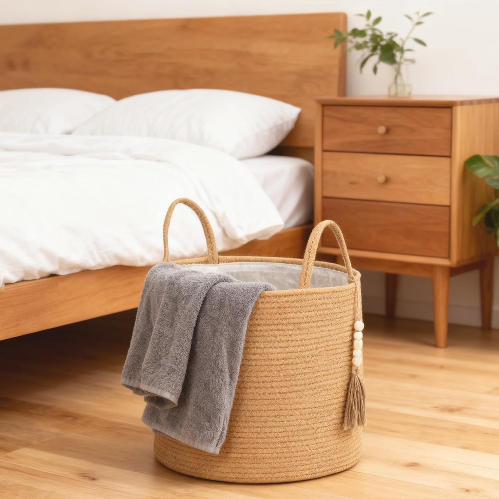 1 PCS Woven Decorative Storage Basket - Natural Jute Rope Bin with Wooden Bead Decoration & Handles, 15.7"W×13.8"L Organizer for Blankets, Toys, Clothes, Shoes, Plants, Living Room Home Decor