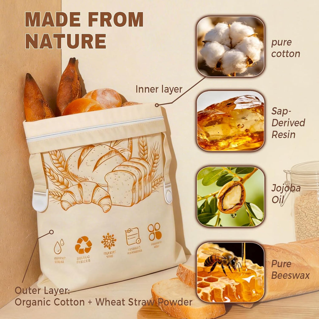 1 Pack Beeswax Bread Bags for Sourdough & Homemade Bread, XL Reusable Sourdough Bags for Storage 17x13 Inch, Bread Bags with Zipper, Sustainable Sourdough Loaf Storage to Lock in Freshness