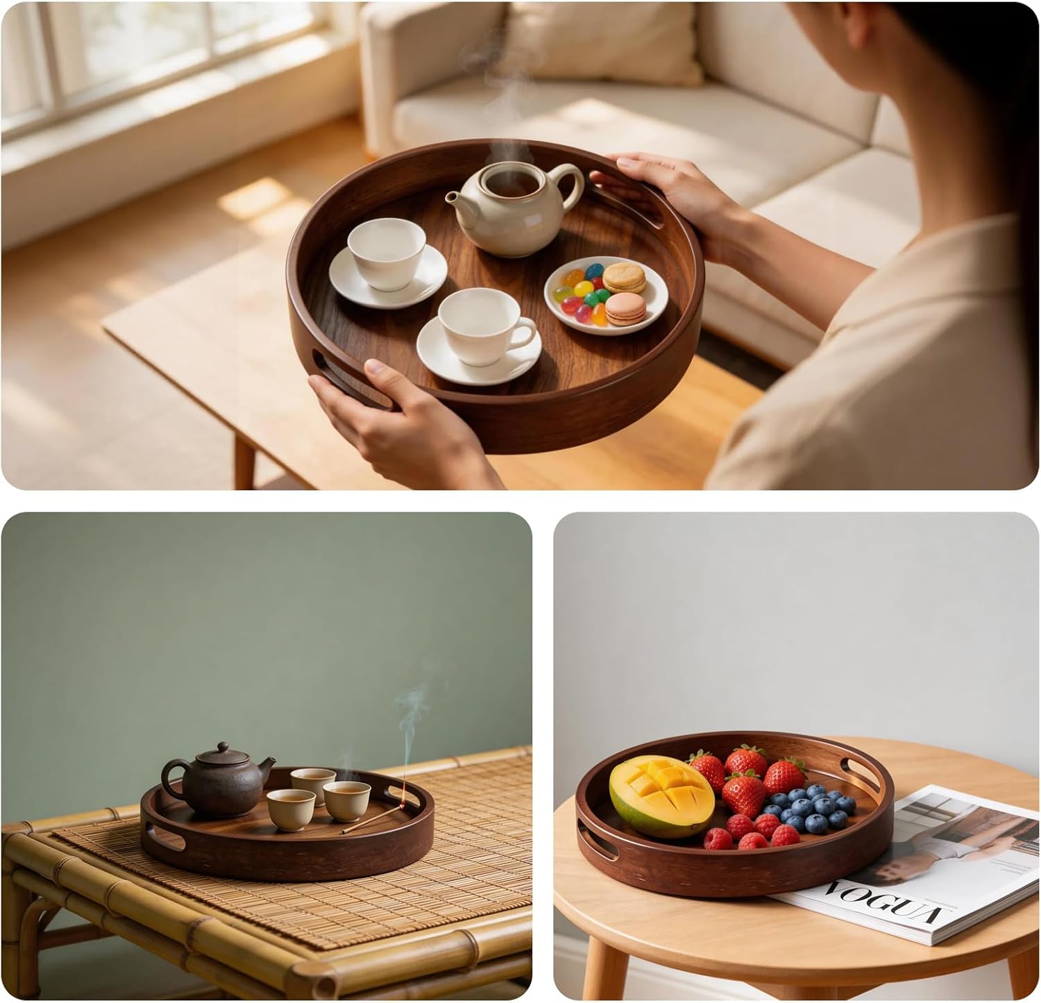 11.81-Inch Round Wooden Trays for Decor with Handle, Storage,Perfumes and Candles,Coffee, Parties, and Farmhouse-Style Home Decor Round Wood Tray