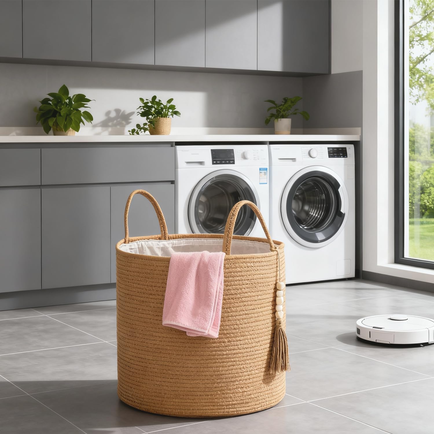 1 PCS Woven Decorative Storage Basket - Natural Jute Rope Bin with Wooden Bead Decoration & Handles, 15.7"W×13.8"L Organizer for Blankets, Toys, Clothes, Shoes, Plants, Living Room Home Decor