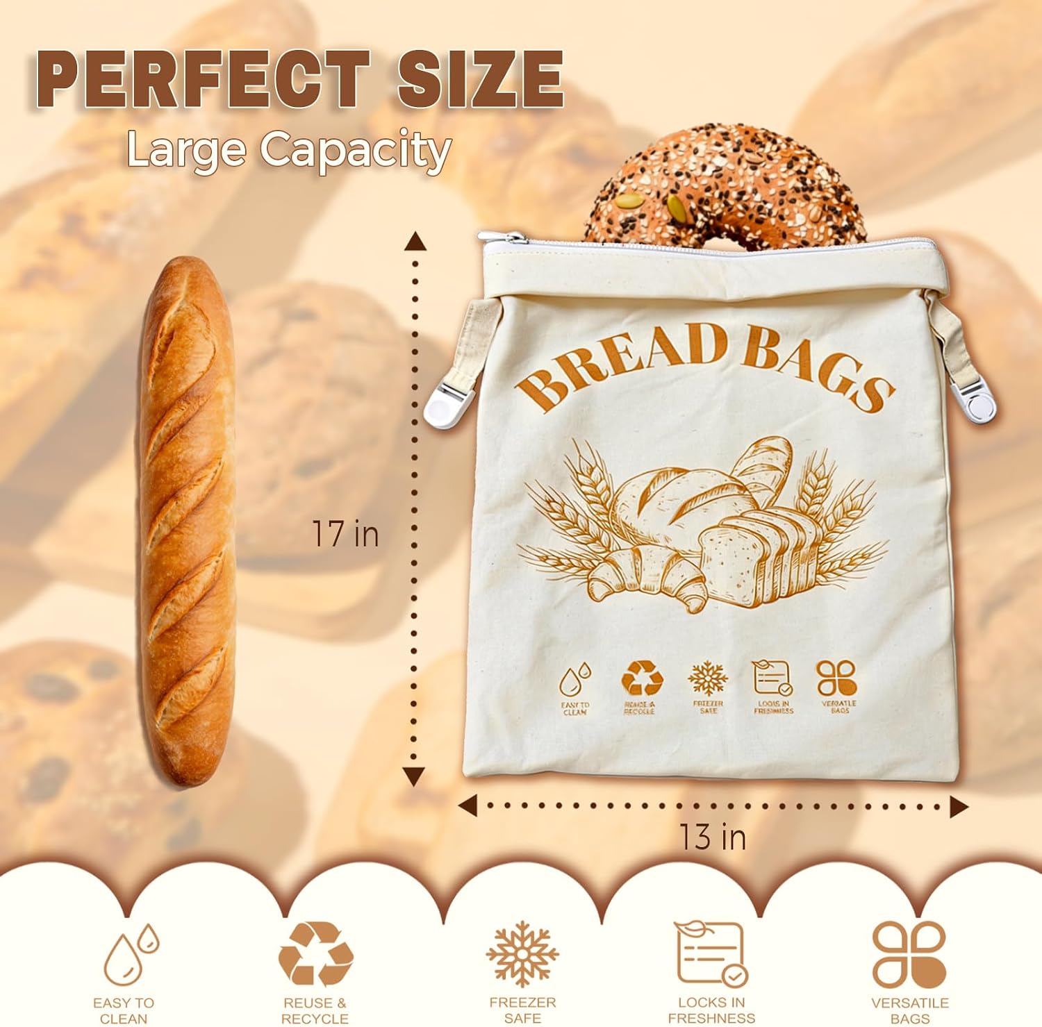 1 Pack Beeswax Bread Bags for Sourdough & Homemade Bread, XL Reusable Sourdough Bags for Storage 17x13 Inch, Bread Bags with Zipper, Sustainable Sourdough Loaf Storage to Lock in Freshness