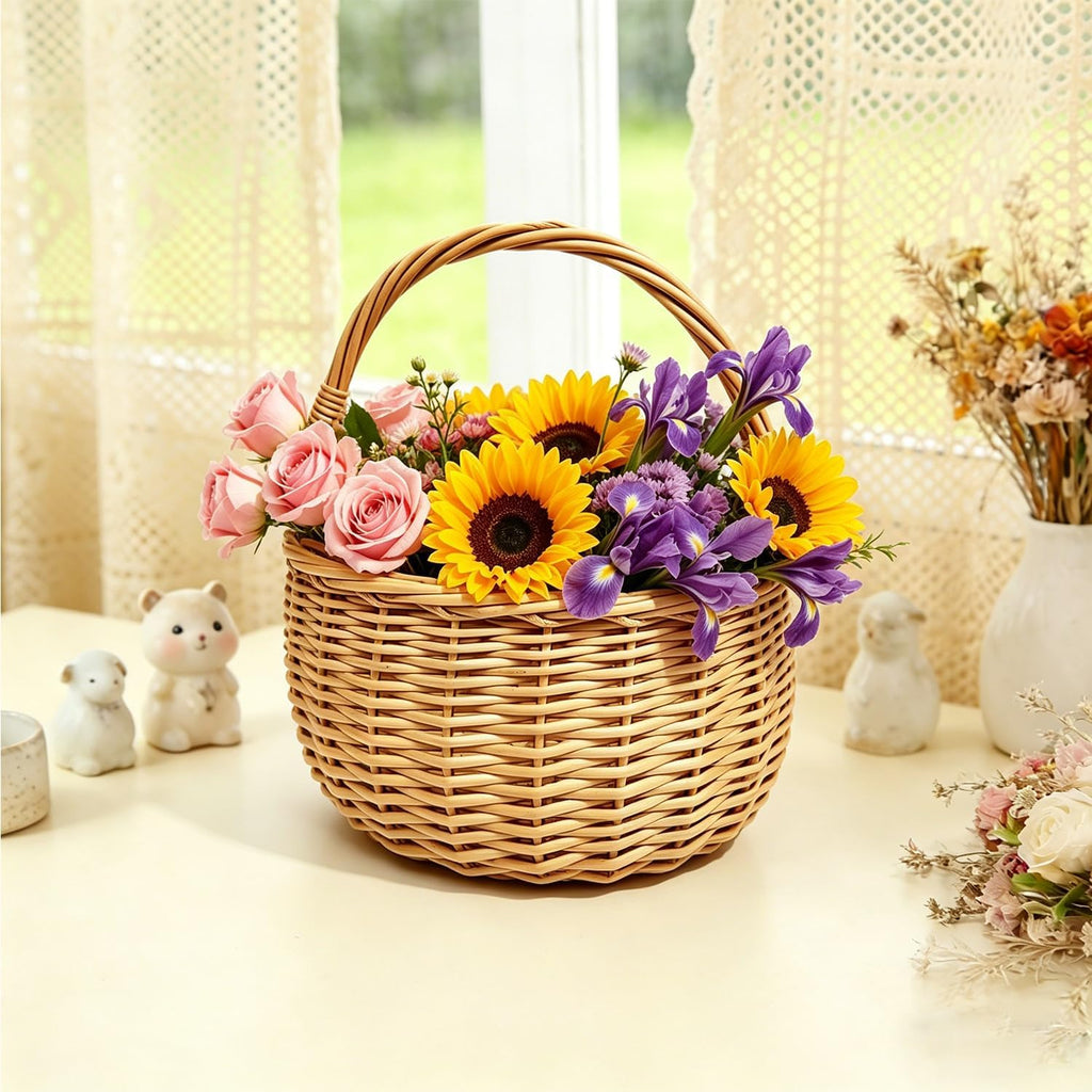 10 x 10in Wicker Basket Rustic Wicker Picnic Basket with Handle Cute Flower Girl Baskets Rattan Easter Baskets Wicker Storage Basket Decorative Basket for Wedding Garden and Home Decor