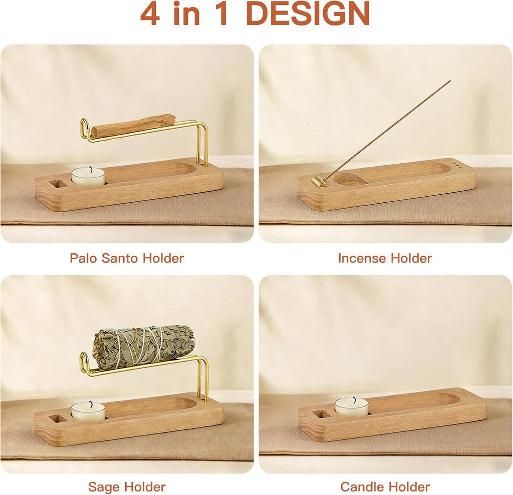 4 in 1 Incense Holder for Burning Palo Santo & Sage Sticks & Insence-Stick and Candle, Solid Wood Palo Santo and Sage Burner Smudge Bowl, Incense Holder for Meditation, Yoga, Spiritual Home Decor