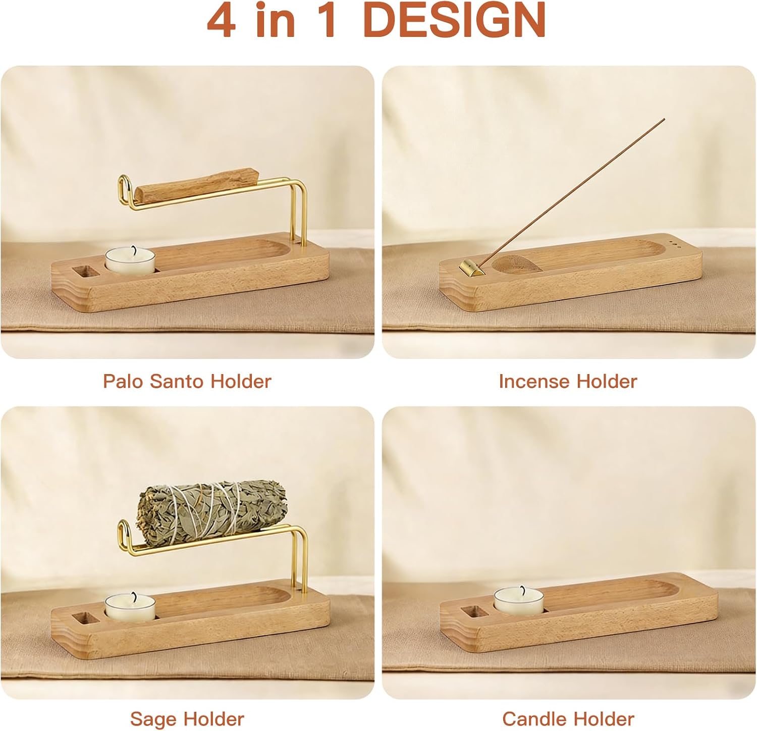 4 in 1 Incense Holder for Burning Palo Santo & Sage Sticks & Insence-Stick and Candle, Solid Wood Palo Santo and Sage Burner Smudge Bowl, Incense Holder for Meditation, Yoga, Spiritual Home Decor