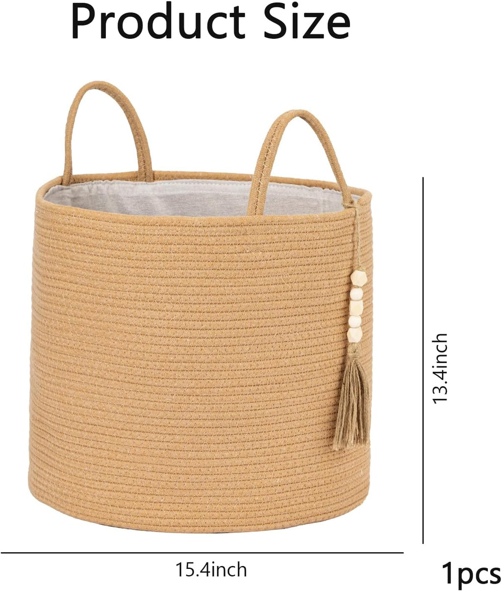 1 PCS Woven Decorative Storage Basket - Natural Jute Rope Bin with Wooden Bead Decoration & Handles, 15.7"W×13.8"L Organizer for Blankets, Toys, Clothes, Shoes, Plants, Living Room Home Decor