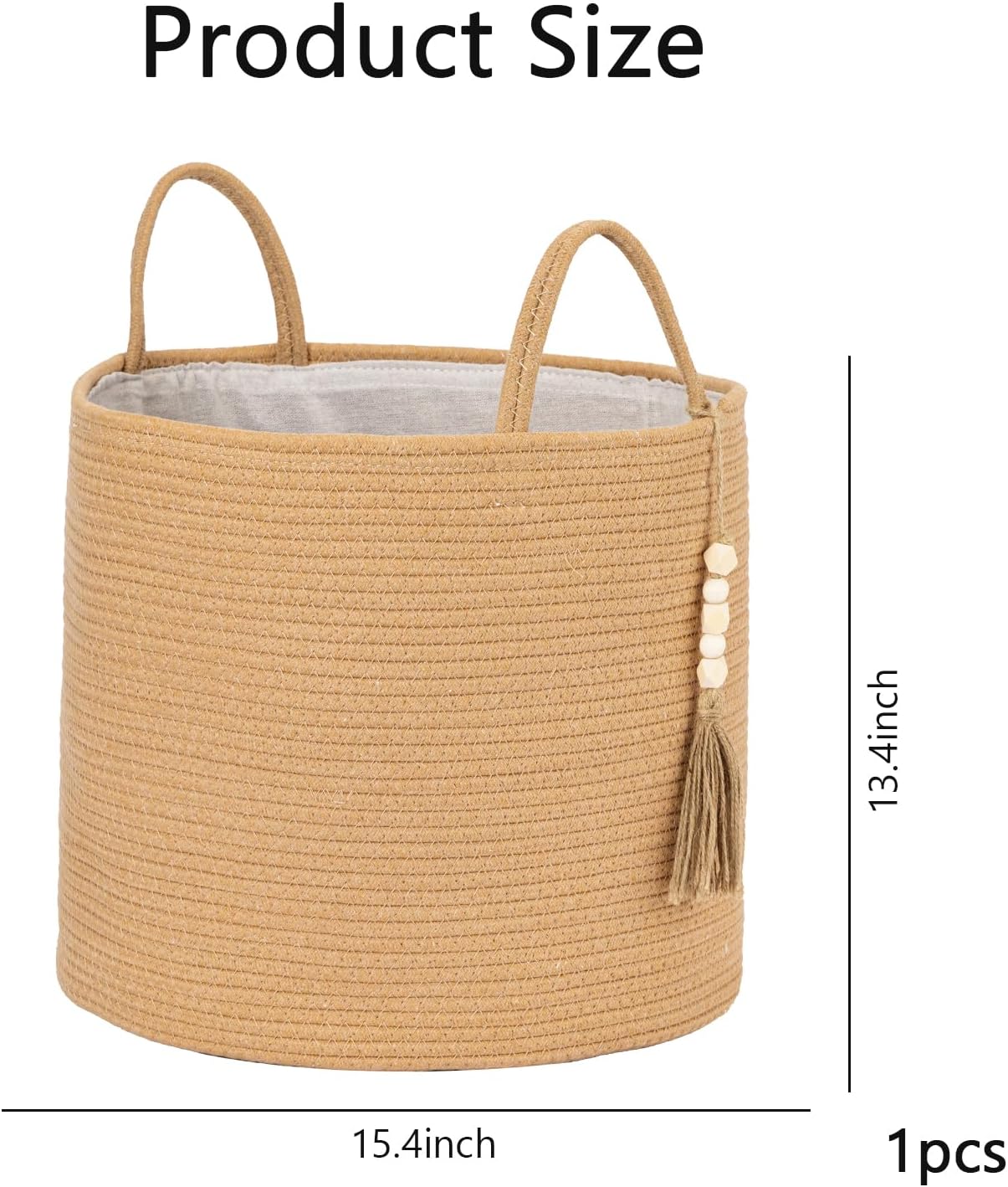 1 PCS Woven Decorative Storage Basket - Natural Jute Rope Bin with Wooden Bead Decoration & Handles, 15.7"W×13.8"L Organizer for Blankets, Toys, Clothes, Shoes, Plants, Living Room Home Decor