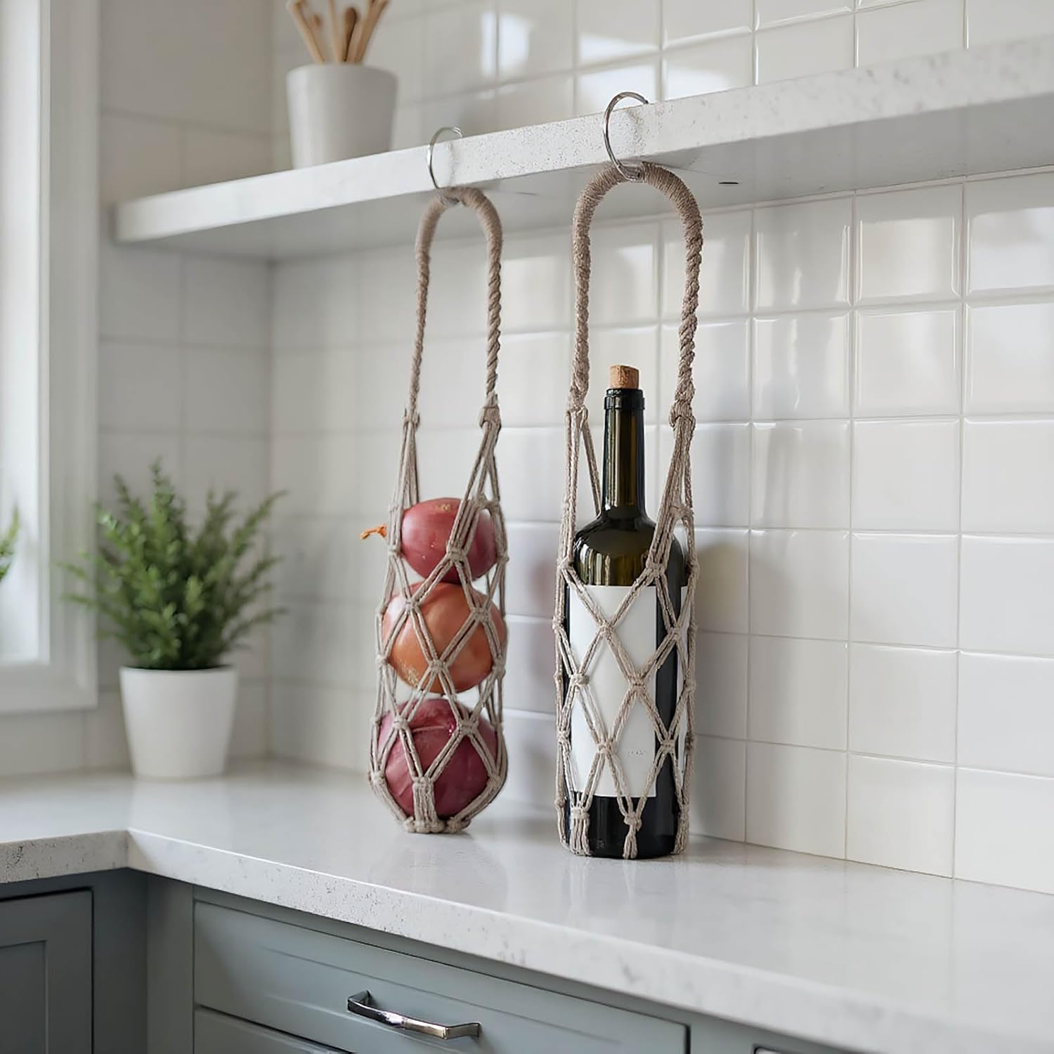 2-Pack Macrame Wine Bottle wall Hanger Strap, net Strap Hanging, Net Carrier, Handmade Braided Rope net for Bottle Hanging, Kitchen Storage Strap Highth 22" (Beige)
