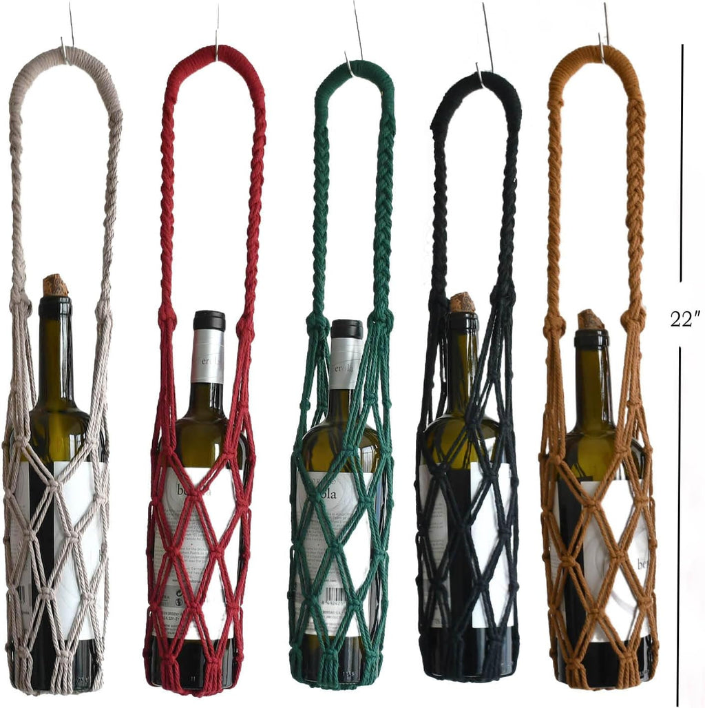 2-Pack Macrame Wine Bottle wall Hanger Strap, net Strap Hanging, Net Carrier, Handmade Braided Rope net for Bottle Hanging, Kitchen Storage Strap Highth 22" (Beige)