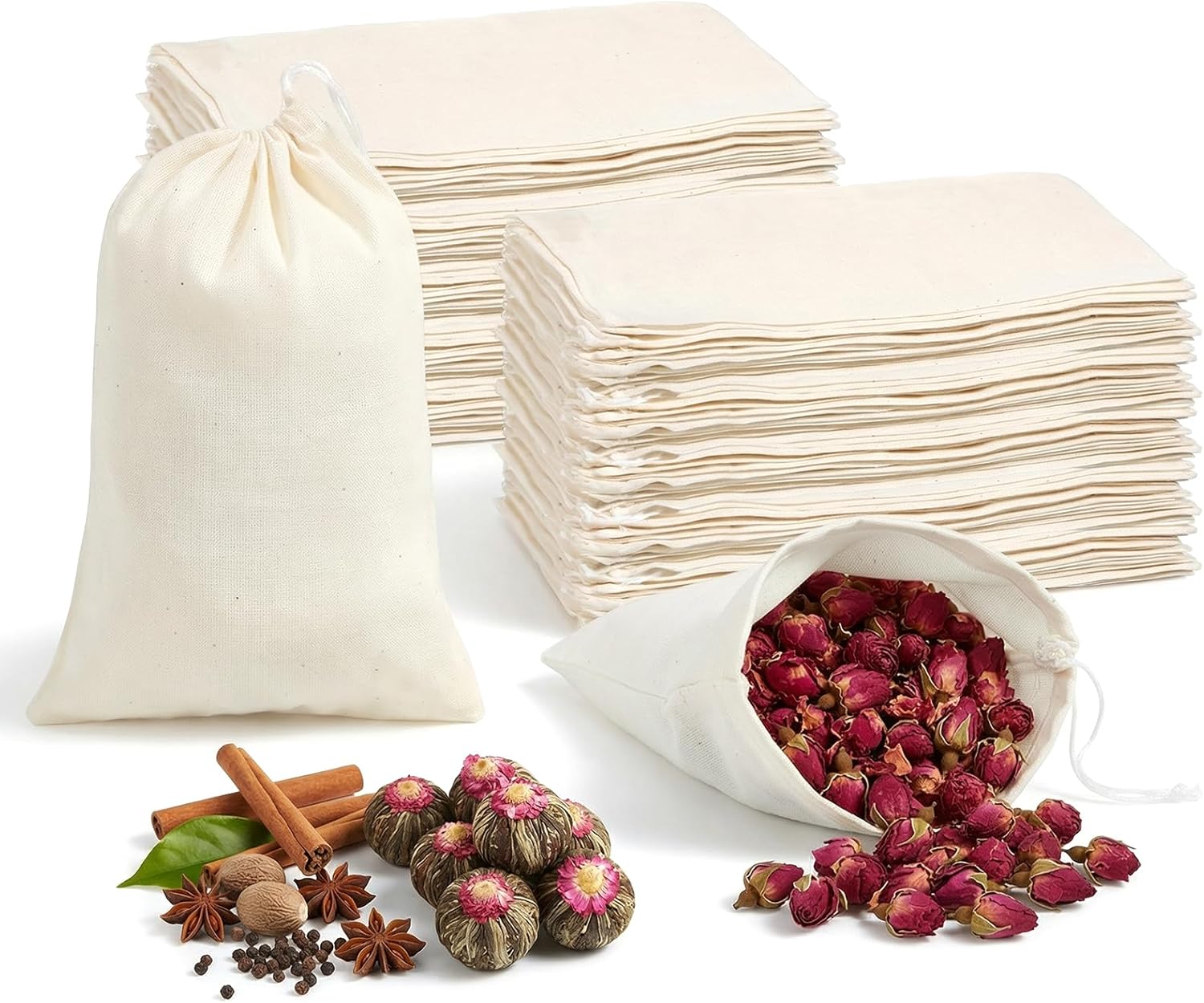 100 Pieces 4x6 Inches Natural Cotton Muslin Bags Small Reusable Drawstring Storage Bags Canvas Linen Bag for Tea, Spices, Wedding Favors, DIY Crafts and Home Decor