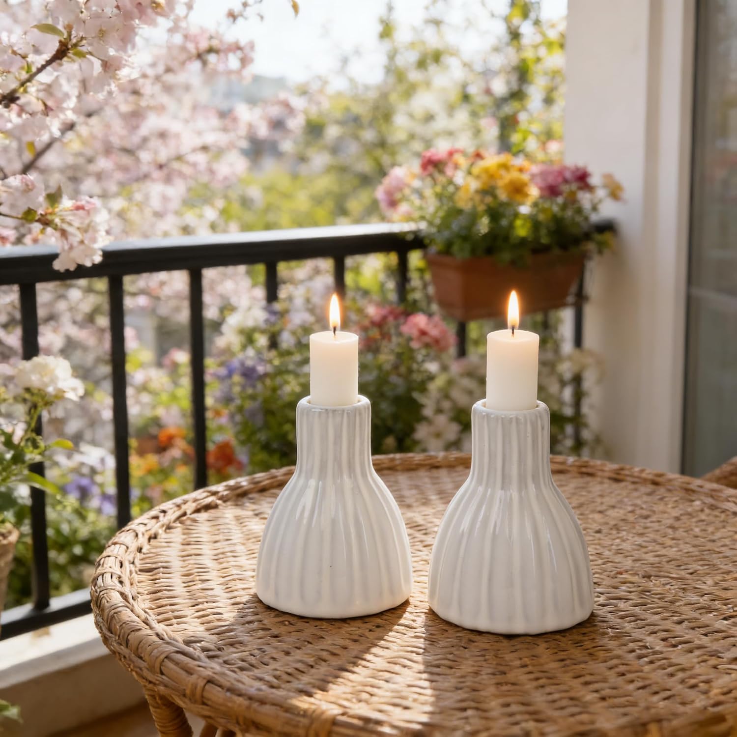 2PCS Vintage Ceramic Candle Holder Distressed White Ribbed Ceramic Candlesticks Stands for Table Desktop, Mantel, Home Decor 3.39" H