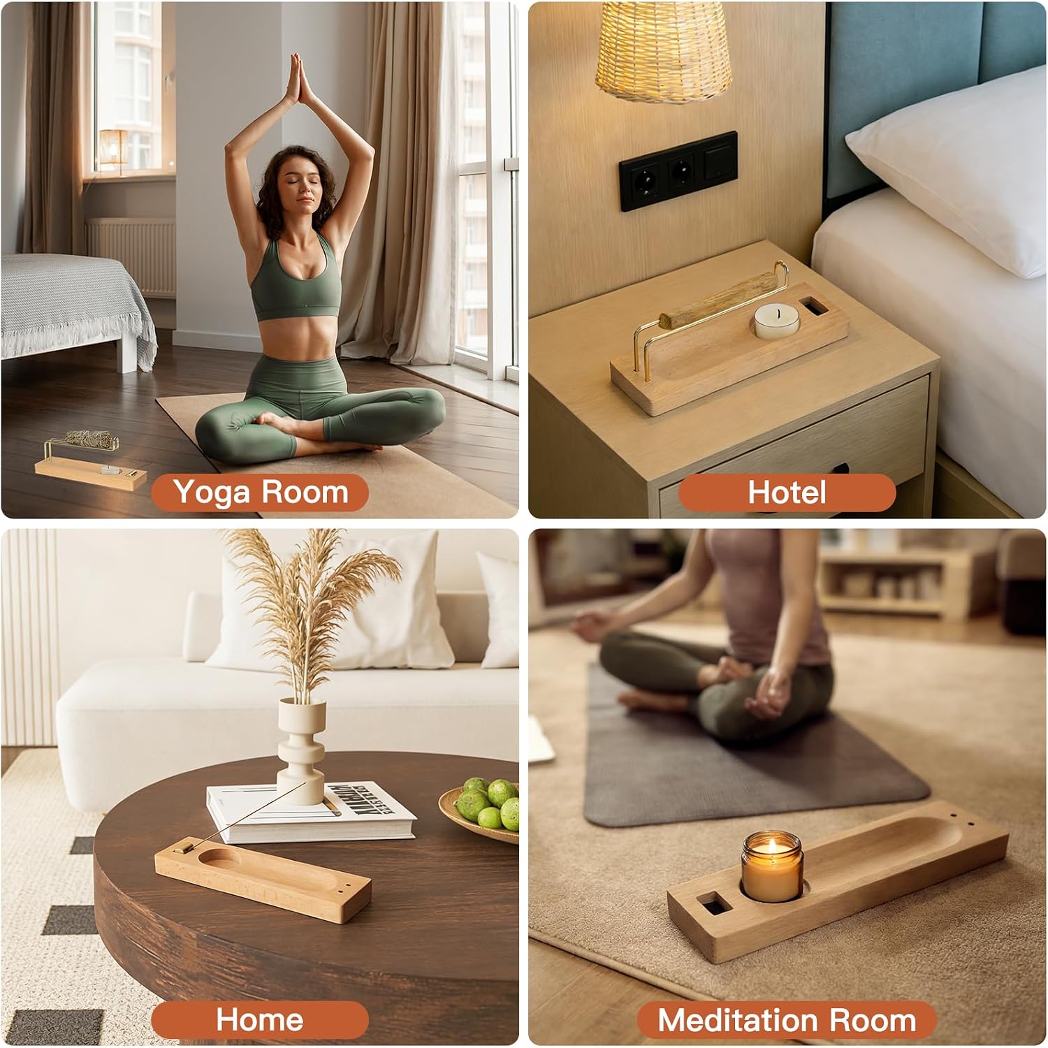 4 in 1 Incense Holder for Burning Palo Santo & Sage Sticks & Insence-Stick and Candle, Solid Wood Palo Santo and Sage Burner Smudge Bowl, Incense Holder for Meditation, Yoga, Spiritual Home Decor