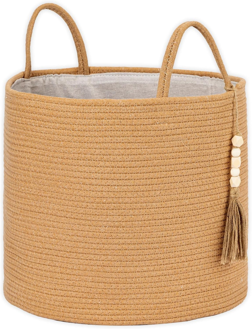 1 PCS Woven Decorative Storage Basket - Natural Jute Rope Bin with Wooden Bead Decoration & Handles, 15.7"W×13.8"L Organizer for Blankets, Toys, Clothes, Shoes, Plants, Living Room Home Decor