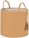 1 PCS Woven Decorative Storage Basket - Natural Jute Rope Bin with Wooden Bead Decoration & Handles, 15.7"W×13.8"L Organizer for Blankets, Toys, Clothes, Shoes, Plants, Living Room Home Decor