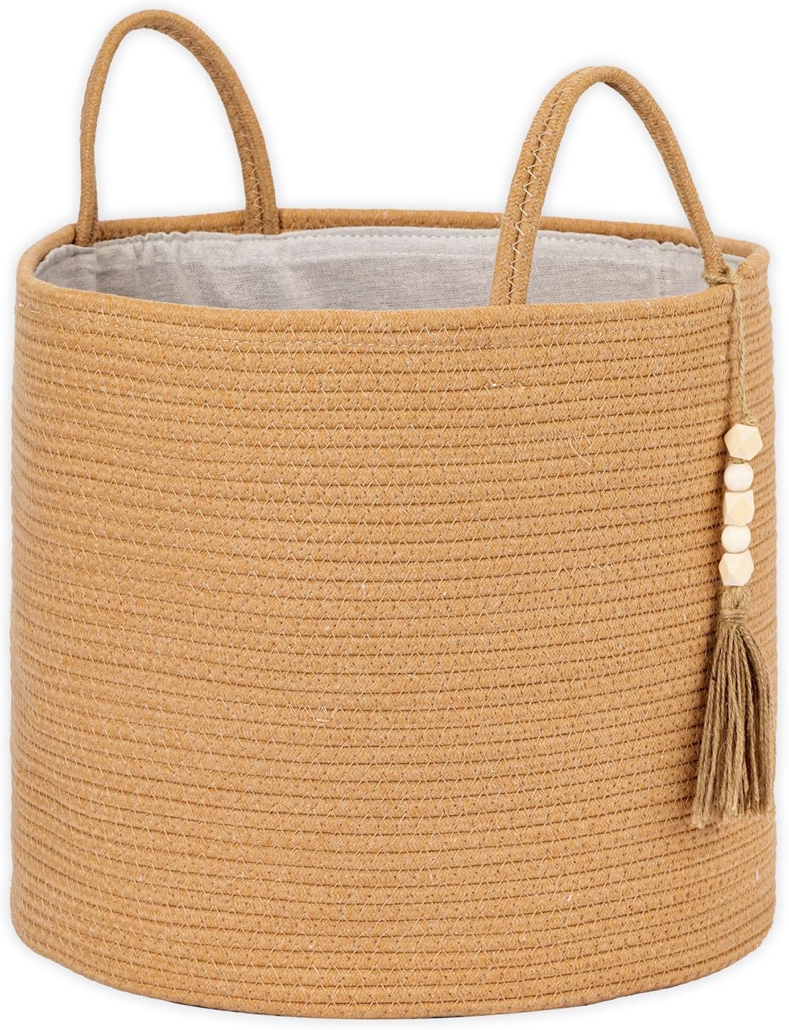1 PCS Woven Decorative Storage Basket - Natural Jute Rope Bin with Wooden Bead Decoration & Handles, 15.7"W×13.8"L Organizer for Blankets, Toys, Clothes, Shoes, Plants, Living Room Home Decor