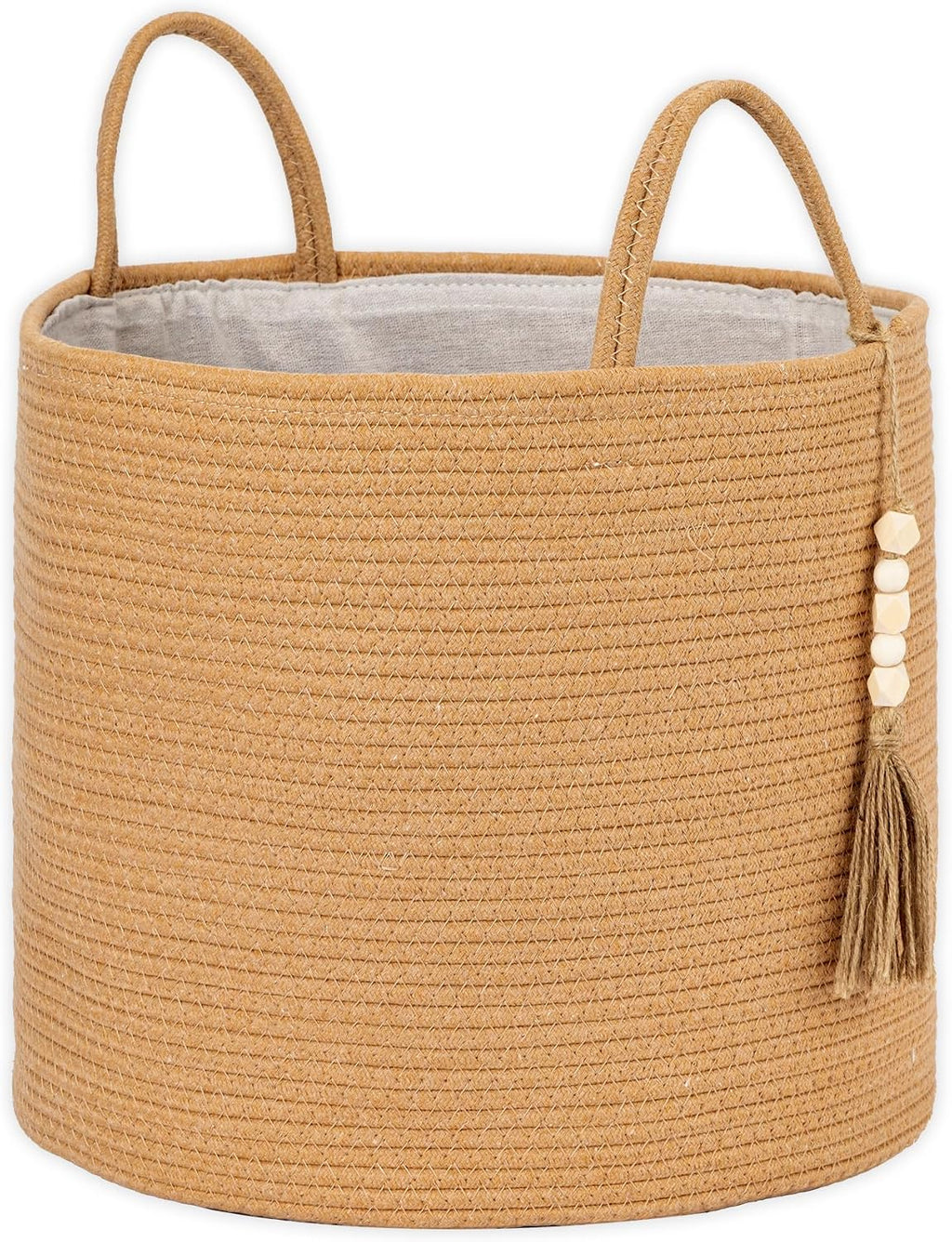 1 PCS Woven Decorative Storage Basket - Natural Jute Rope Bin with Wooden Bead Decoration & Handles, 15.7"W×13.8"L Organizer for Blankets, Toys, Clothes, Shoes, Plants, Living Room Home Decor