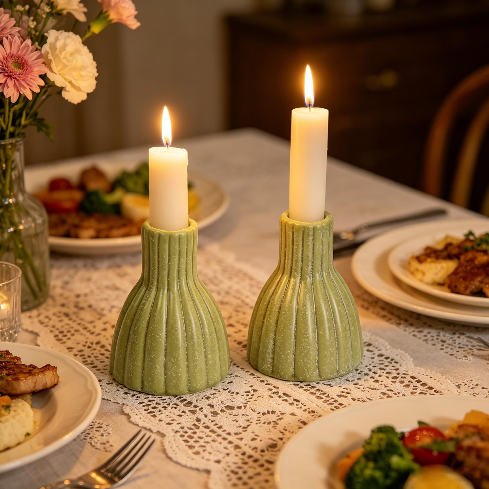 2PCS Vintage Ceramic Candle Holder Distressed White Ribbed Ceramic Candlesticks Stands for Table Desktop, Mantel, Home Decor 3.39" H