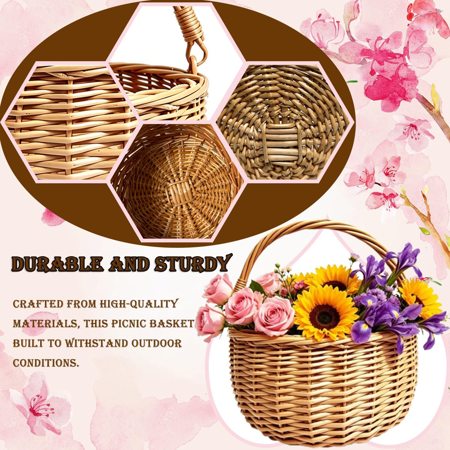 10 x 10in Wicker Basket Rustic Wicker Picnic Basket with Handle Cute Flower Girl Baskets Rattan Easter Baskets Wicker Storage Basket Decorative Basket for Wedding Garden and Home Decor