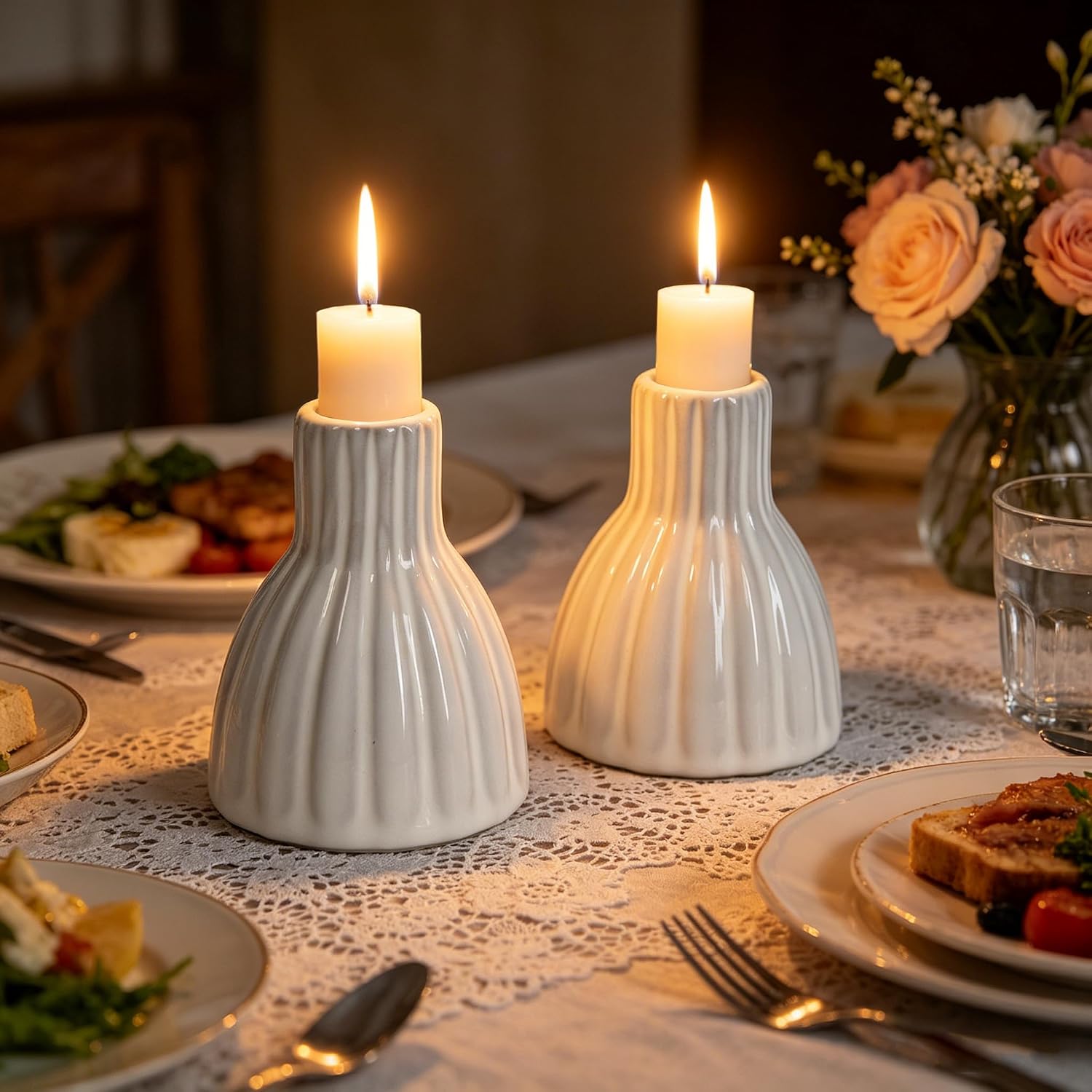 2PCS Vintage Ceramic Candle Holder Distressed White Ribbed Ceramic Candlesticks Stands for Table Desktop, Mantel, Home Decor 3.39" H